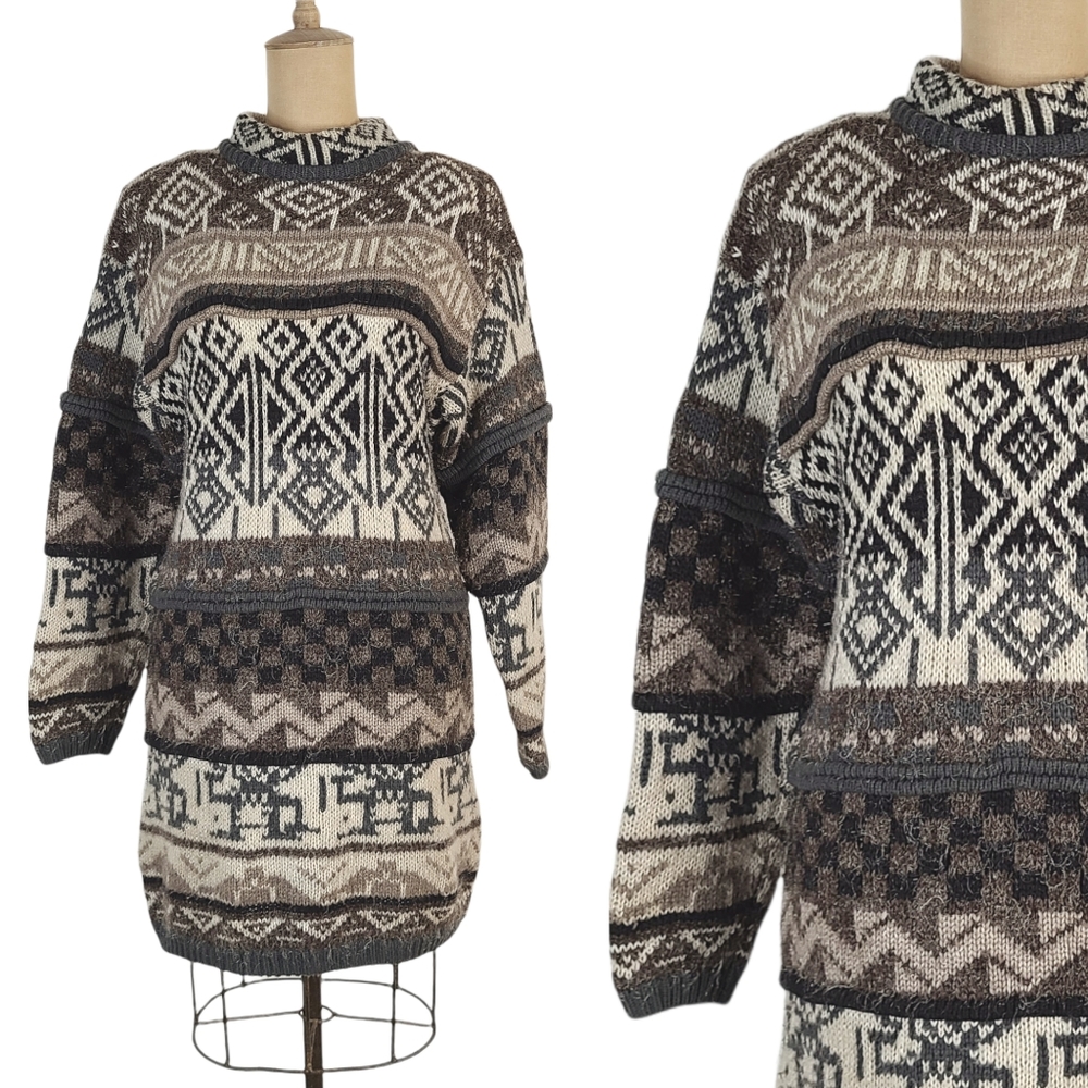 Vintage 90s Kitty Hawk Long Line Tribal Nordic Chunky Oversized Sweater